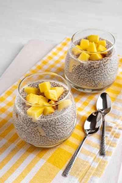 Vegan Chia Coconut Pudding Mango White Background Healthy Nutrition Superfood — Stock Photo, Image