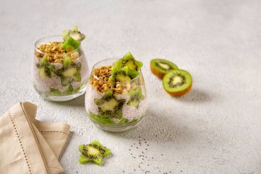 Gri arka planda kivi soslu Chia pudingi. Sağlıklı beslenme, süper yiyecekler. Yakın görünüm.