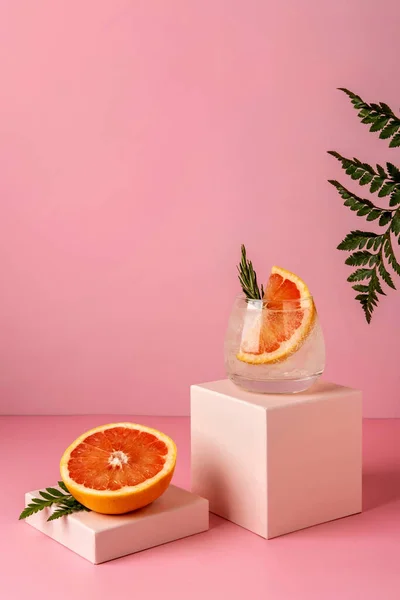 带有柚子和迷迭香的硬硒鸡尾酒 用蕨叶在粉红色的背景上重新装饰色彩艳丽的夏季饮品 图库图片