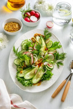 Yaz sağlıklı sebze salatası, salatalık, turp ve domates. Sağlıklı yemek..
