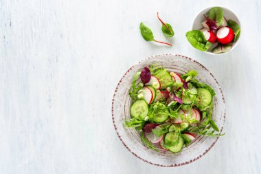 Yaz sağlıklı sebze salatası, salatalık, turp, mikro yeşillik ve domates. Yaz sağlıklı sebze salatası.