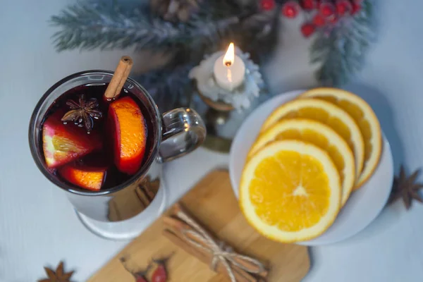 Christmas Hot Mulled Wine Glass Spices Citrus Fruit Mulled Wine — Stock Photo, Image