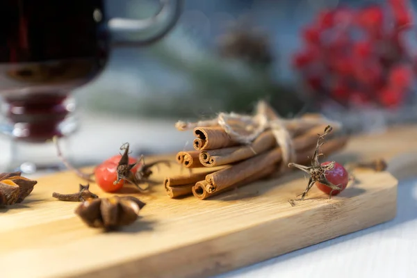 New Year Toys Decorations Spices Fruits Chocolate Festive Table — Stock Photo, Image