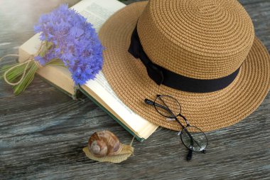 Bir kitapla, gözlüklerle ve küçük bir buket çiçekle eski moda bir yaz..