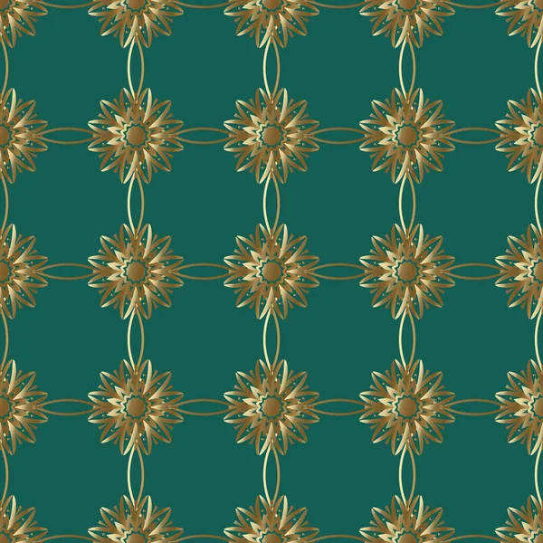 Decoratieve Naadloze Patroon Met Gouden Bloemen Textuur Ontwerpen Groene Achtergronden — Stockvector