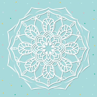 Mandala, dantel kâğıt altlık, kabartmalı desen, 3 boyutlu, yuvarlak element. Kağıt kesim tasarımı, lazer kesim şablonu. Kenarlı eski dantel altlık. Tasarımın için çiçekli yuvarlak peçete..