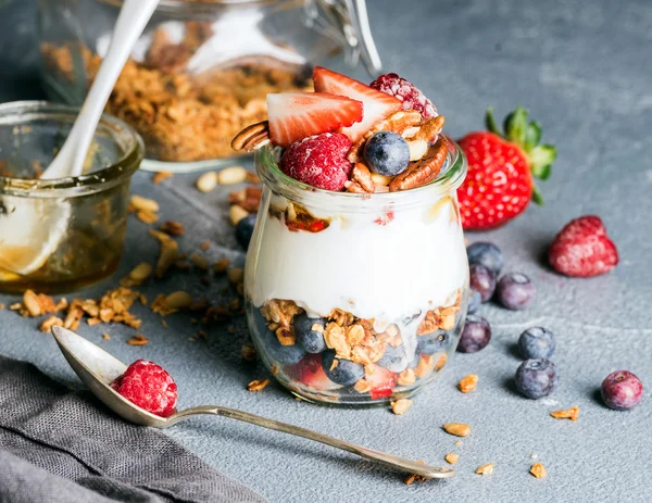 Joghurt zab granola a friss bogyós gyümölcsök — Stock Fotó