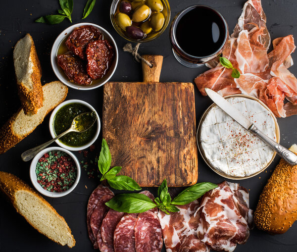 Wine snack set with wooden board