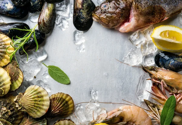 Otlar ve buz üzerinde limon ile taze deniz ürünleri
