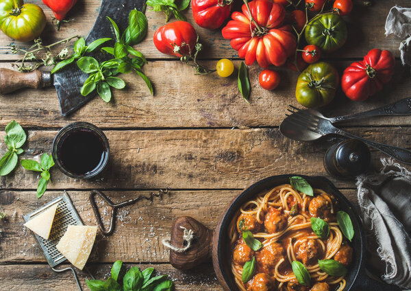 Italian pasta spaghetti with tomato sauce and meatballs