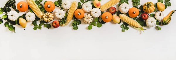 Herbstlicher Blumenschmuck Flache Lage Aus Bunten Herbst Kürbissen Äpfeln Birnen — Stockfoto