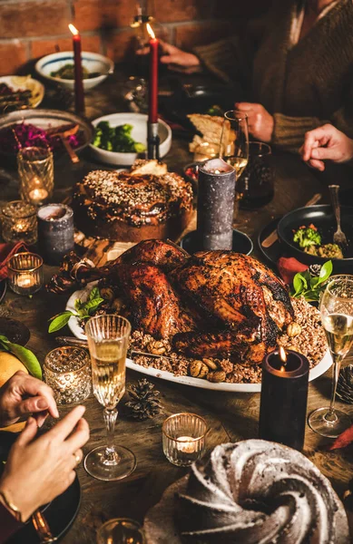 Friends Family Celebrating Festive Table Whole Roasted Turkey Rice Chestnuts — Stock Photo, Image