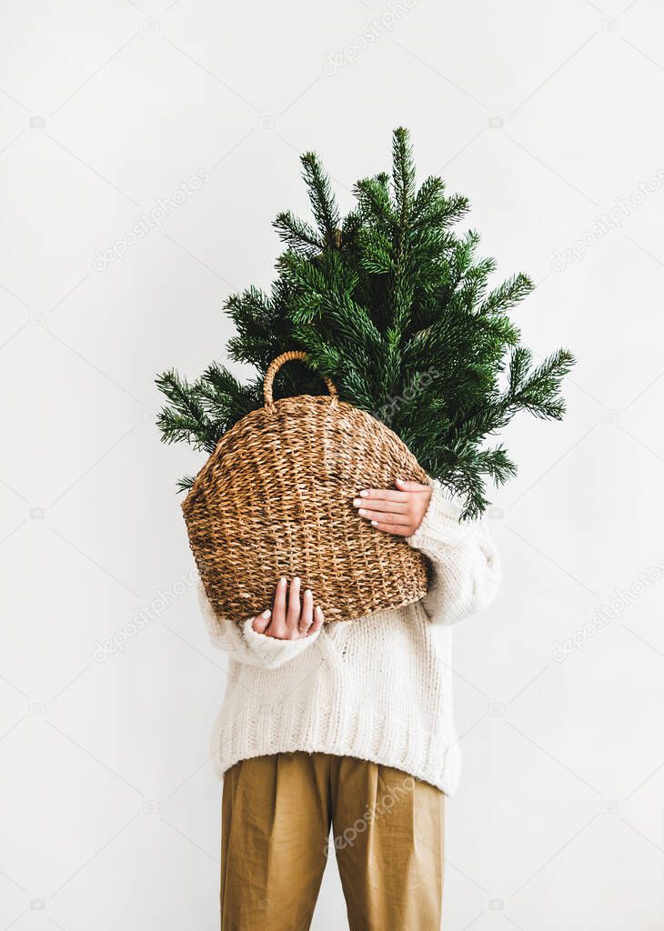 Female figure in white woolen winter sweater and khaki pants standing with wicker bag with evergreen Christmas tree branches for decoration in hands at home over white background. Christmas, New year