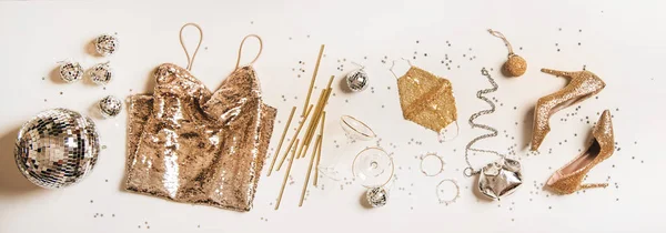 Flat Lay New Year Home Party Look Féminin Mise Page — Photo