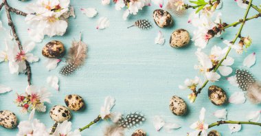 Yumurtalı, badem çiçekli ve tüylü Paskalya arkaplanı, kopyalama alanı