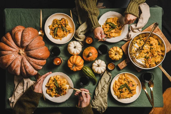 Flat Lay Autumn Dinner Gathering Thanksgiving Day Celebration Party People — Stock Photo, Image