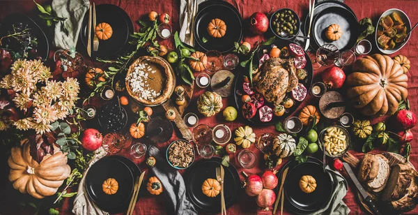 Flat Lay Thanksgiving Celebração Mesa Jantar Com Comida Outono Velas — Fotografia de Stock