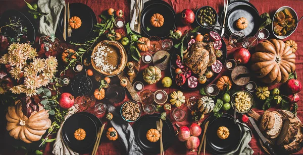Flat Lay Thanksgiving Celebration Dinner Table Readitional Autumn Food Candles — Stock Photo, Image