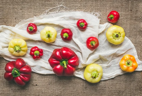 Sweet paprika set on a piece of white linen fabric over a sackcl — Stock Photo, Image