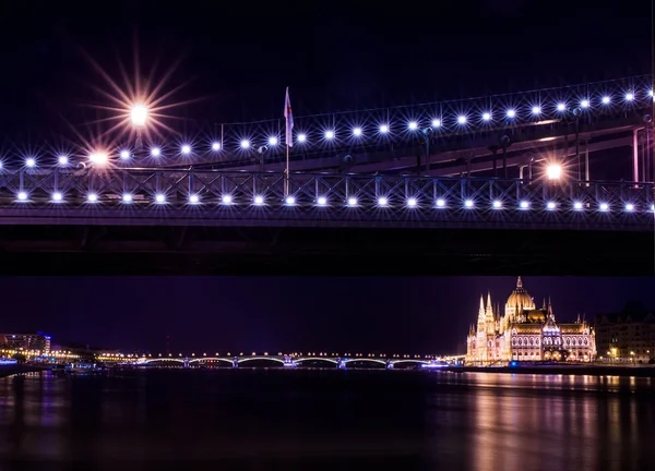 Parlament bina ve Tuna th altında gece görünümü — Stok fotoğraf