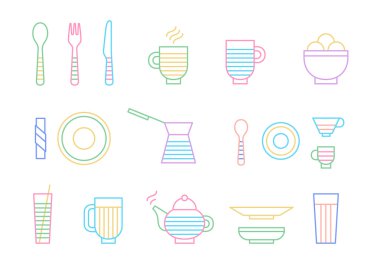 Gıda ve yemek çizgi vektör grafikleri simgelerin ayarlayın. Kaşık, çatal, bıçak, fincan, tabak, cam, cezve, teapothot içecek