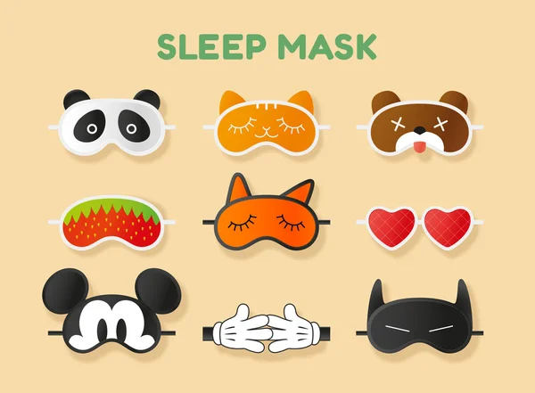 Máscaras para dormir. Rostro de animales, corazón, fruta y manos — Archivo Imágenes Vectoriales