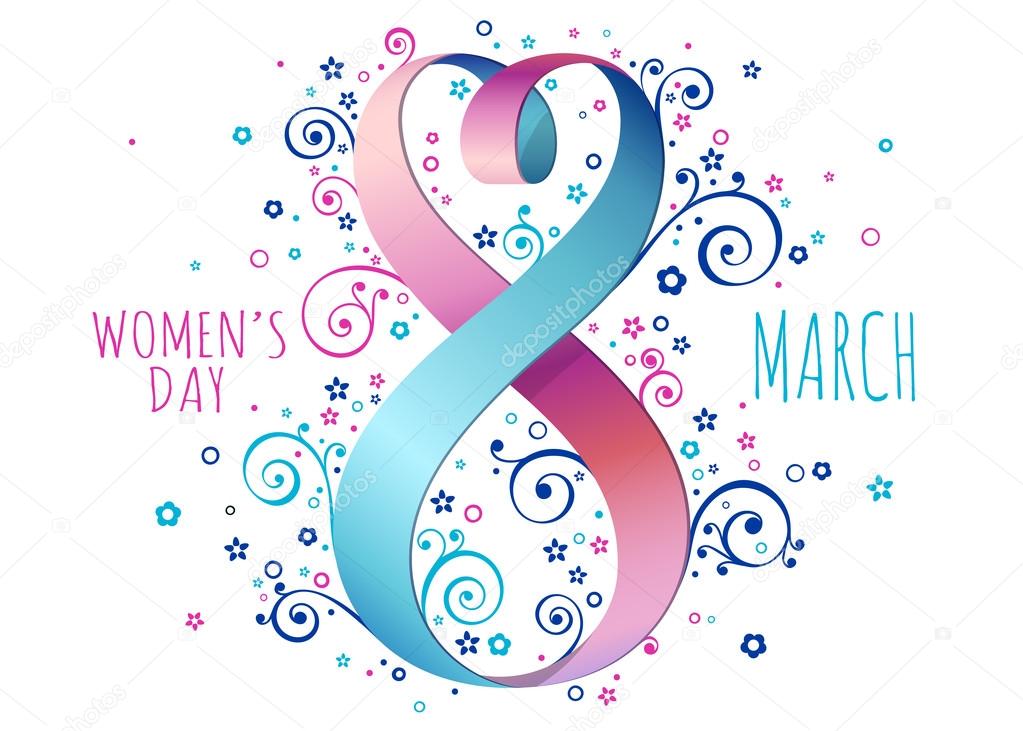 March 8, Woman's day. Vector greeting card with hearts and a ribbon.
