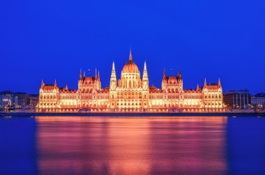 The historical building of Hungarian Parliament during the blue  clipart