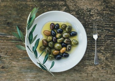 Akdeniz zeytin zeytinyağı ol bir dalı ile bir tabak