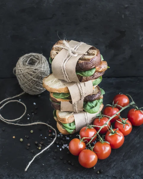 Cured chicken and spinack whole grain sandwich tower with spices — Stock Photo, Image