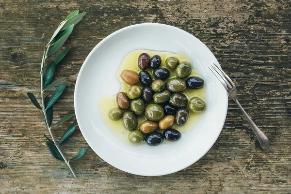 Ένα πιάτο της Μεσογείου ελιές σε ελαιόλαδο, με ένα υποκατάστημα της ΕΓ — Φωτογραφία Αρχείου