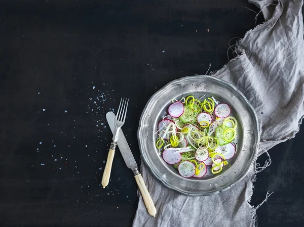 Insalata primaverile con porro, ravanello e cetriolo in piatto metallico vintage — Foto Stock