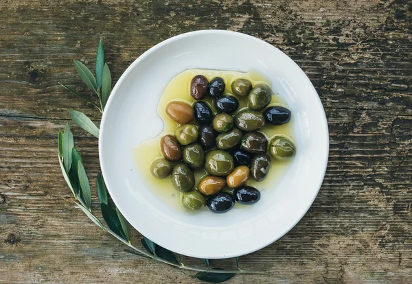 一盘地中海橄榄橄榄油与醇的一个分支 — 图库照片