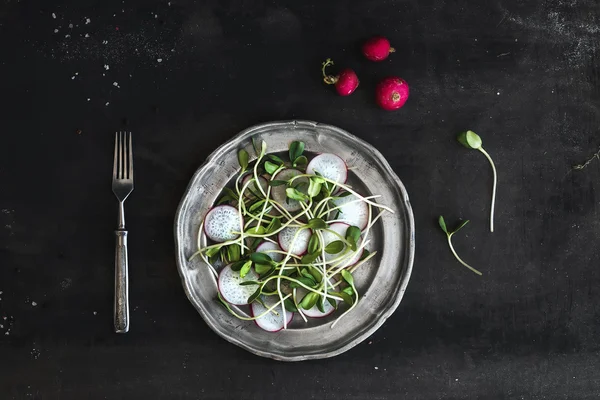 Salada de primavera com brotos de girassol e rabanete em placa de metal vintage sobre fundo escuro rústico pintado — Fotografia de Stock