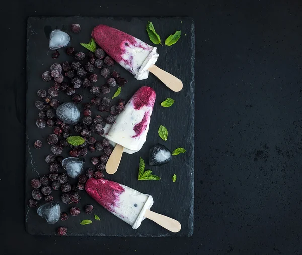 Black-currant milk ice-creams or popsicles with frozen black-currant, ice cubes and mint on black slate tray over dark grunge backdrop, top view