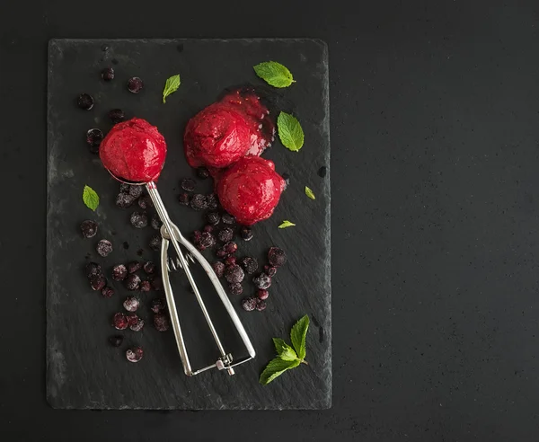 Scoops of berry sorbet or ice-cream with frozen black-currant, mint and metal scooper on black slate tray over dark grunge backdrop, top view — Stock Photo, Image