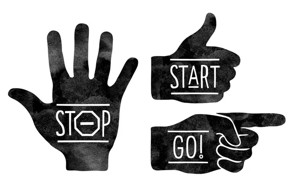 Navigation signs. Black hands silhouettes - pointing finger, stop hand and thumb up — Stock Vector