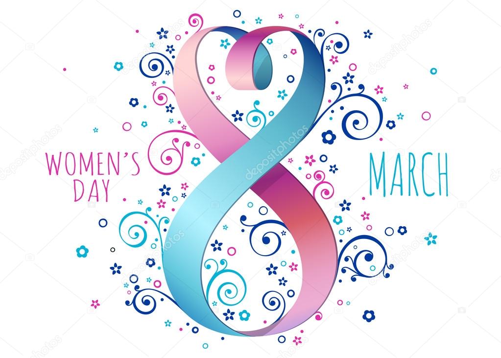 March 8, Womans day. Vector greeting card with hearts and a ribbon.