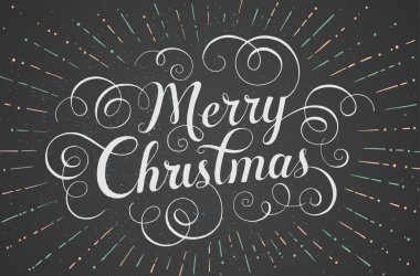 Neşeli Noel tebrik kartı tebeşir tahtası zemin üzerine yazı beyaz. Vektör çizim.