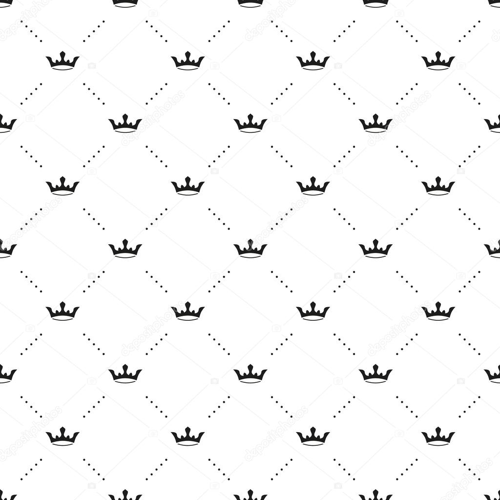 Seamless vector black pattern with king crowns on a white background. Vector illustration.