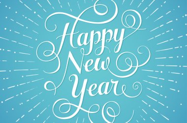 Mutlu yeni yıl tebrik kartı mavi zemin üzerine yazı beyaz. Vektör çizim.