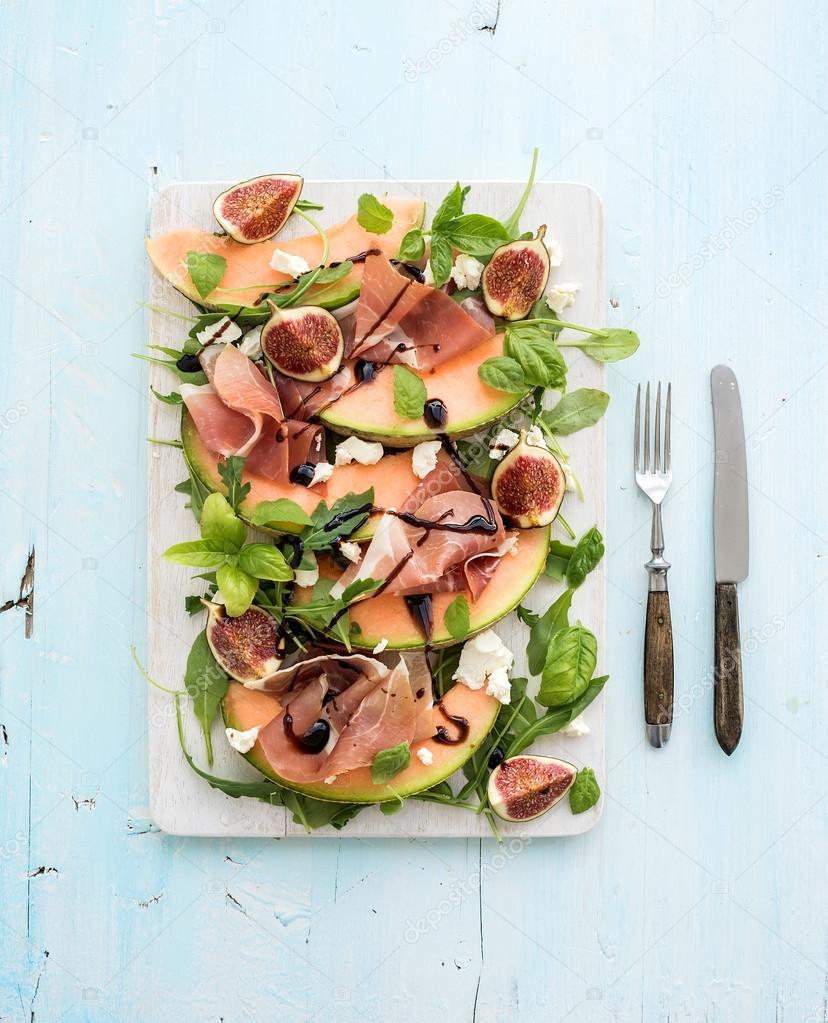 Prosciutto, melon, fig and soft cheese salad