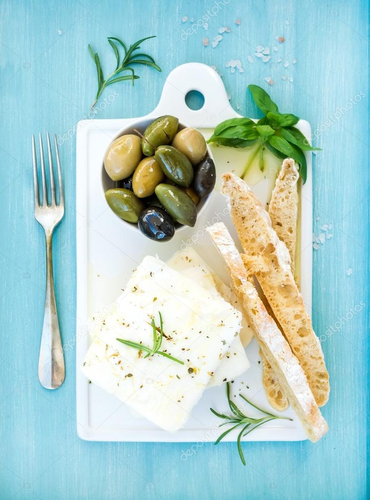 Fresh feta cheese with olives