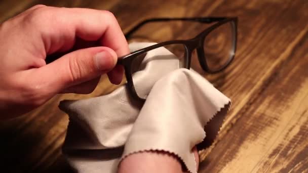 Man Wipes Vision Glasses Microfiber Cloth — Stock Video