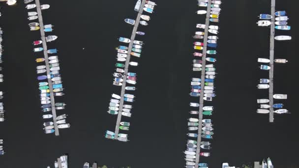 Вид с воздуха с беспилотника пришвартованных яхт в бухте на воде — стоковое видео
