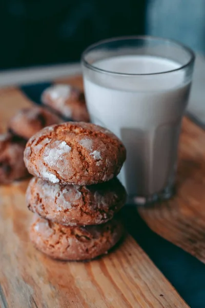 Freshly Baked Aromatic Homemade Cakes Glass Milk — Stock Photo, Image