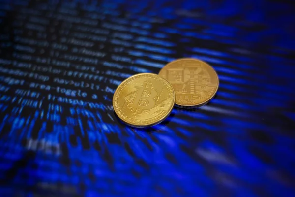 Two Gold Bitcoin Coins Background Lines Program Code — Stock Photo, Image