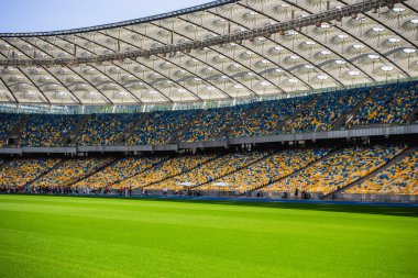 Sarı ve mavi bankları olan olimpiyat stadyumunda boş koltuklar.