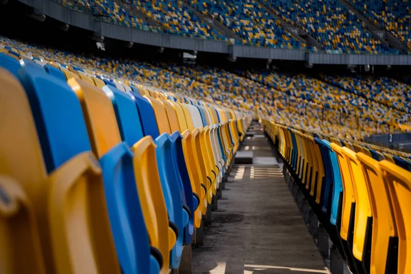 Empty Rows Seats Football Olympic Stadium Yellow Blue Benches — Stock Photo, Image