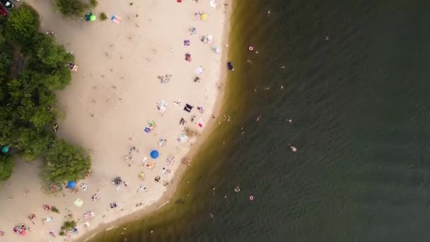 Vue aérienne du drone sur les personnes qui se reposent sur la rive de la rivière en été — Video